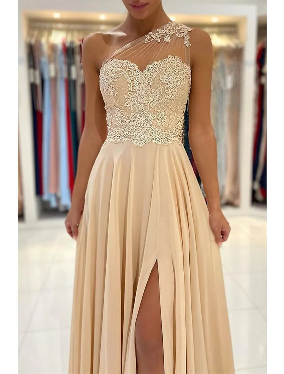 Sexy Dress Formal Wedding Guest Court Train Sleeveless One Shoulder with Slit Appliques