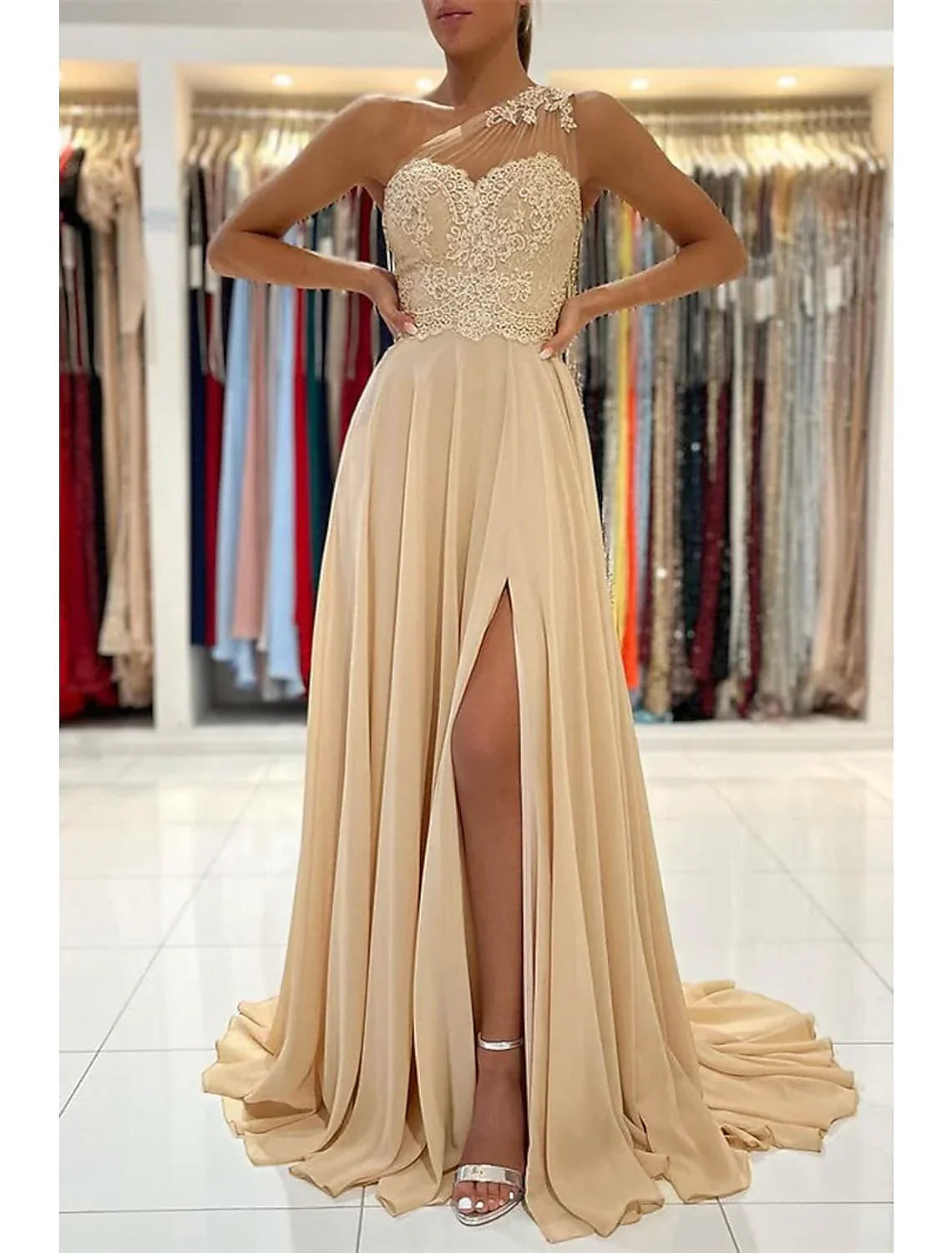 Sexy Dress Formal Wedding Guest Court Train Sleeveless One Shoulder with Slit Appliques
