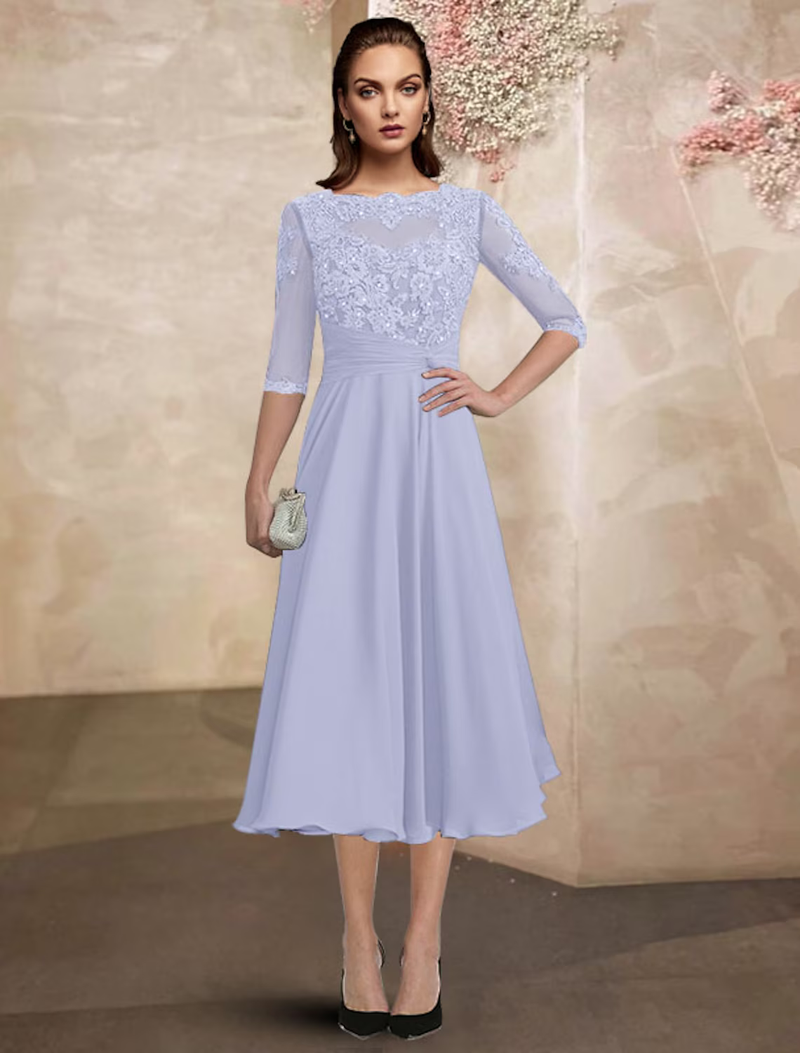 Mother of the Bride Dress Plus Size Elegant Tea Length Half Sleeve with Ruched Beading Appliques