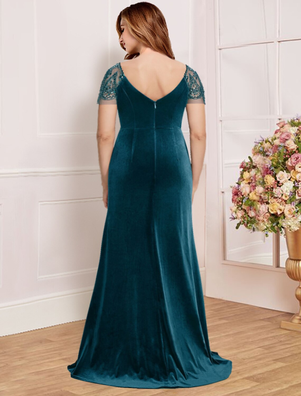 Plus Size Curve Mother of the Bride Dress Formal Vintage Elegant V Neck Short Sleeve with Ruffles Split Front