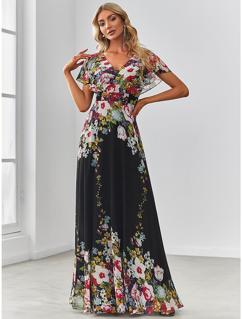 Evening Gown Elegant Dress Birthday Floor Length Short Sleeve V Neck with Pattern