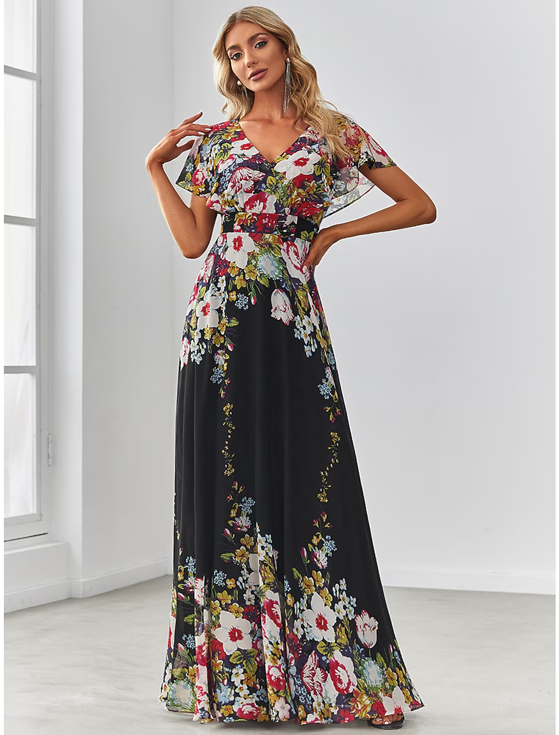 Evening Gown Elegant Dress Birthday Floor Length Short Sleeve V Neck with Pattern