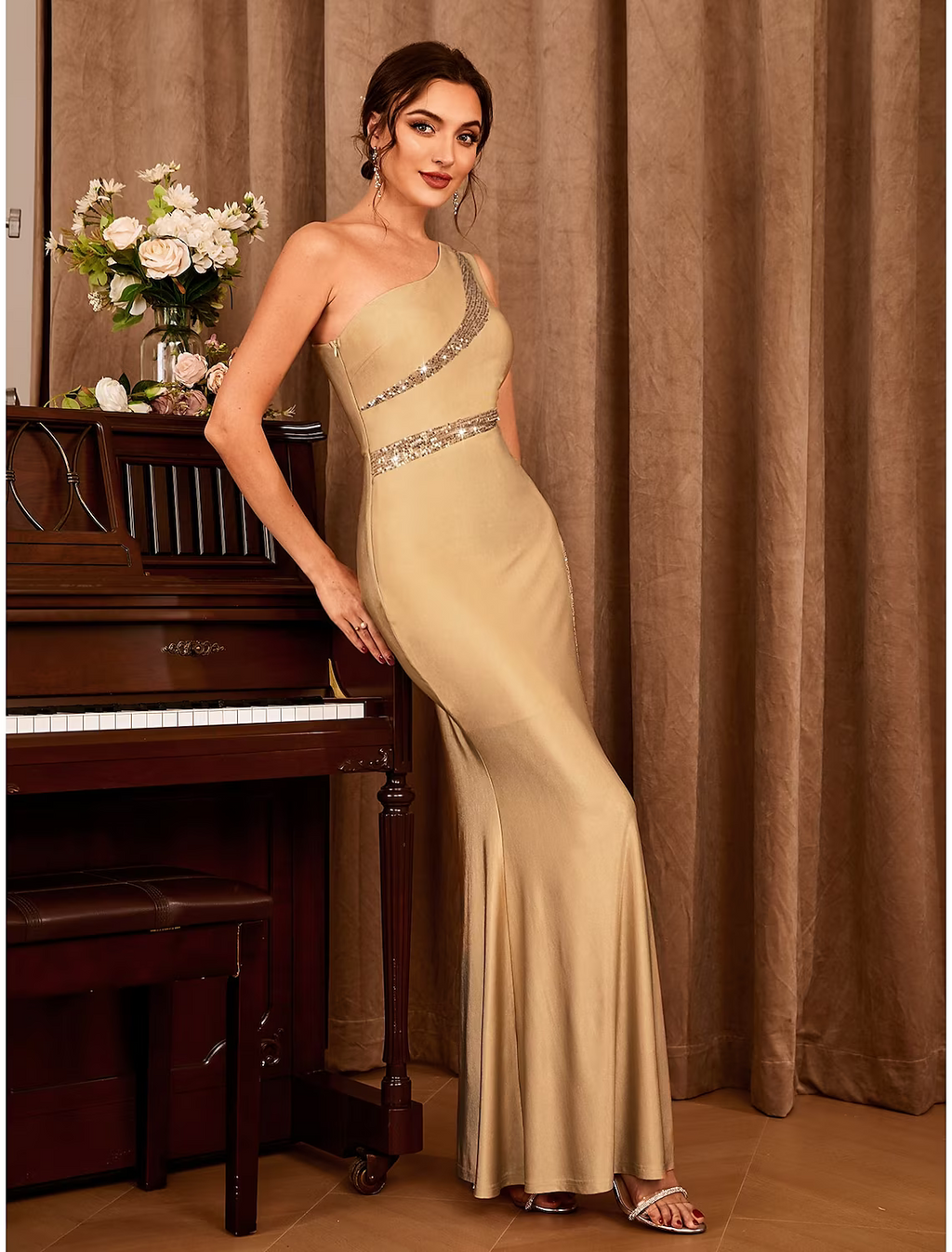 Party Dresses Sexy Dress Wedding Party Floor Length Sleeveless One Shoulder with Glitter