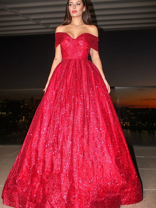 Luxurious Red Ruffled Ball-Gown Off-the-Shoulder Sleeveless Classic-Back Floor-Length Evening Dress