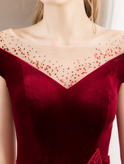 Elegant Red A-Line Classic-Neck Short-Sleeve Classic-Back Floor-Length Prom Dress