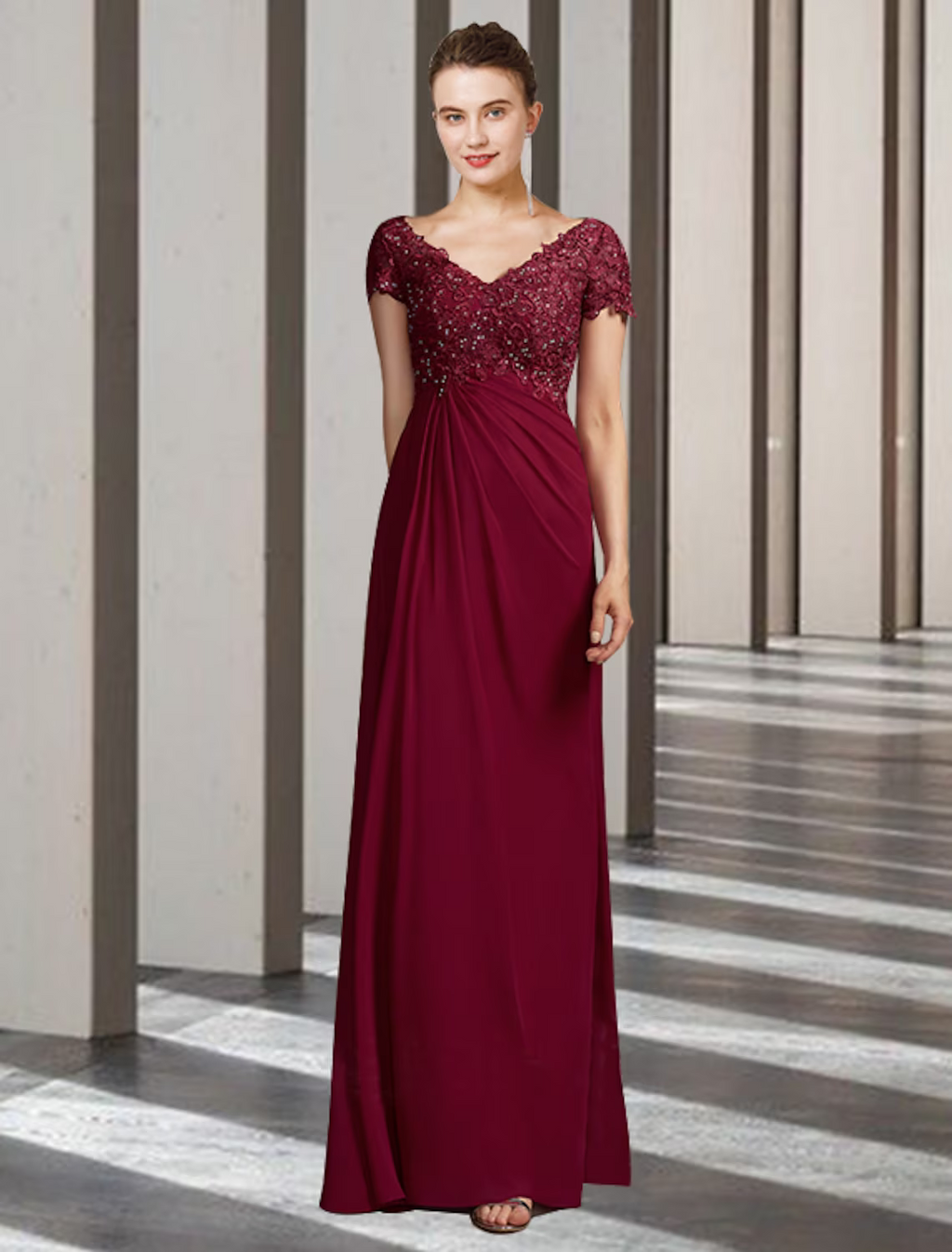 Mother of the Bride Dress Elegant V Neck Floor Length Short Sleeve with Appliques