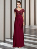 Mother of the Bride Dress Elegant V Neck Floor Length Short Sleeve with Appliques