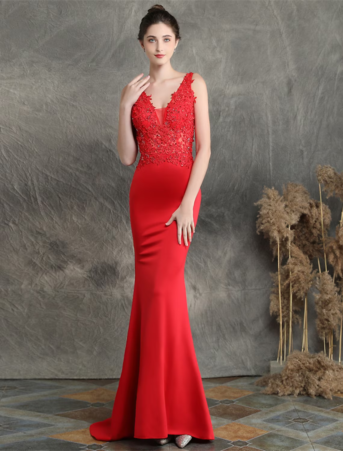 Evening Gown Elegant Dress Formal Sleeveless V Neck Blend with Beading Applique