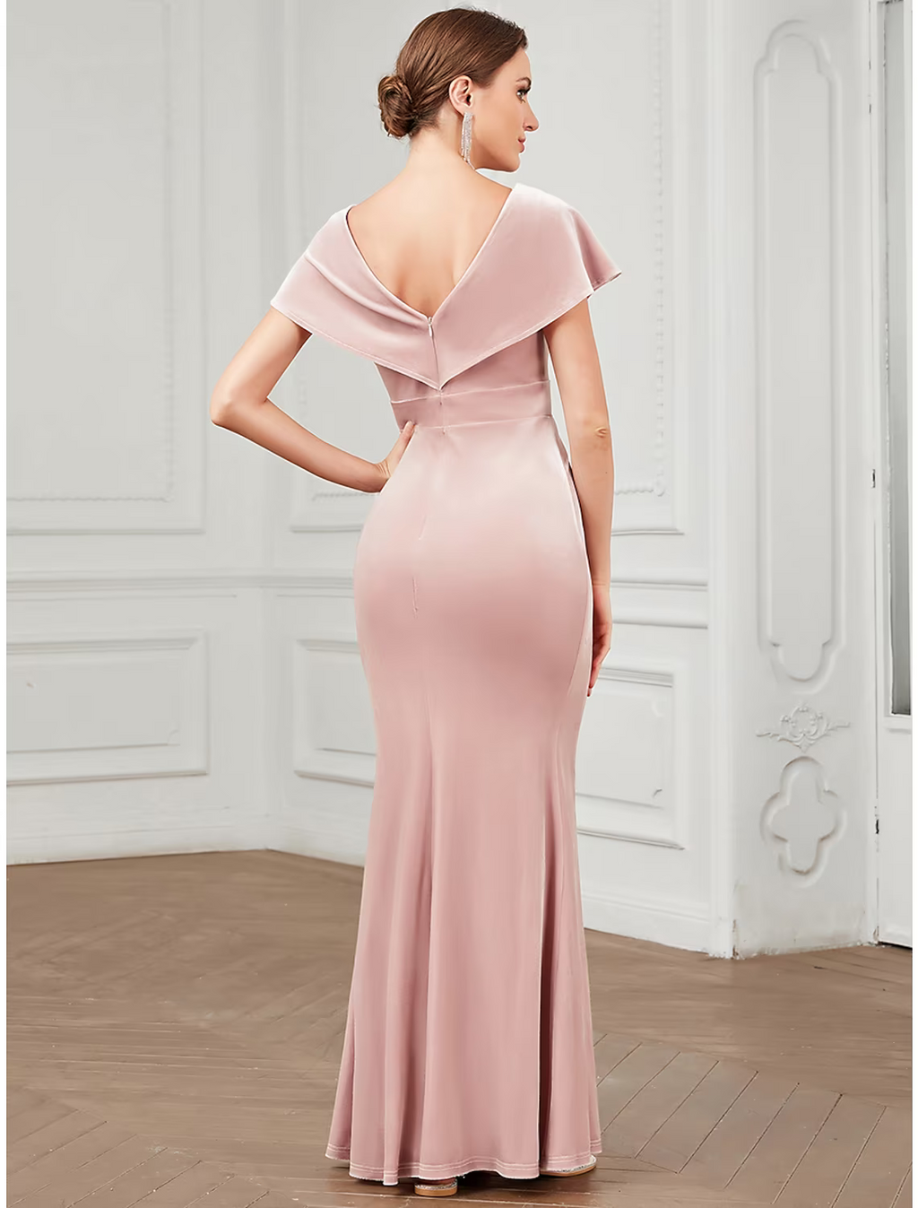 Evening Gown Vintage Dress Floor Length Short Sleeve V Neck V Back with Ruffles