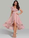 Wedding Guest Dresses Tiered Dress Cocktail Party Short Sleeve V Neck Belt Sash with Beading
