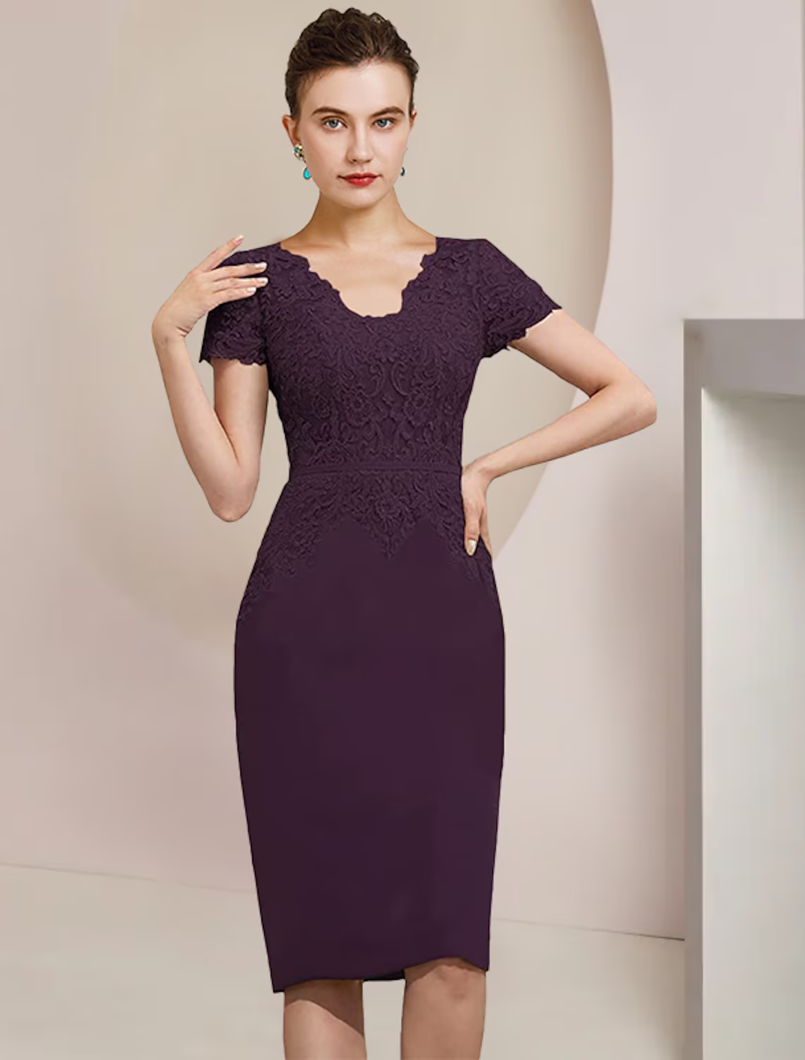 Two Piece Mother of the Bride Dress Formal Wedding Guest Elegant V Neck Knee Length Short Sleeve Dresses with Appliques