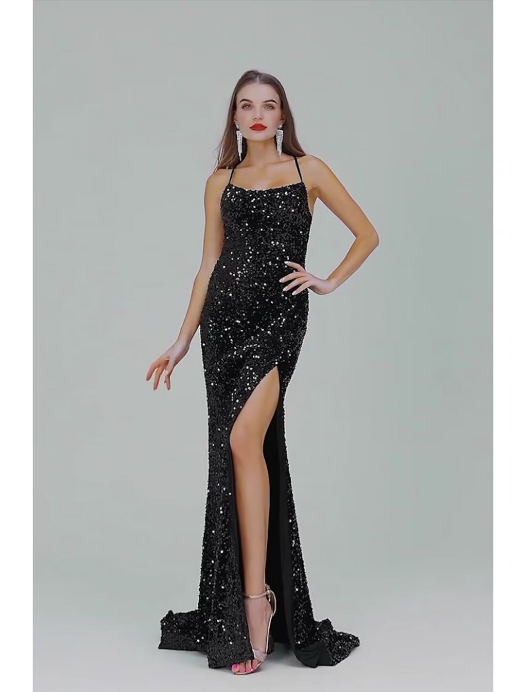Evening Gown Elegant Dress Party Wear Train Sleeveless Strap Crisscross Back with Slit