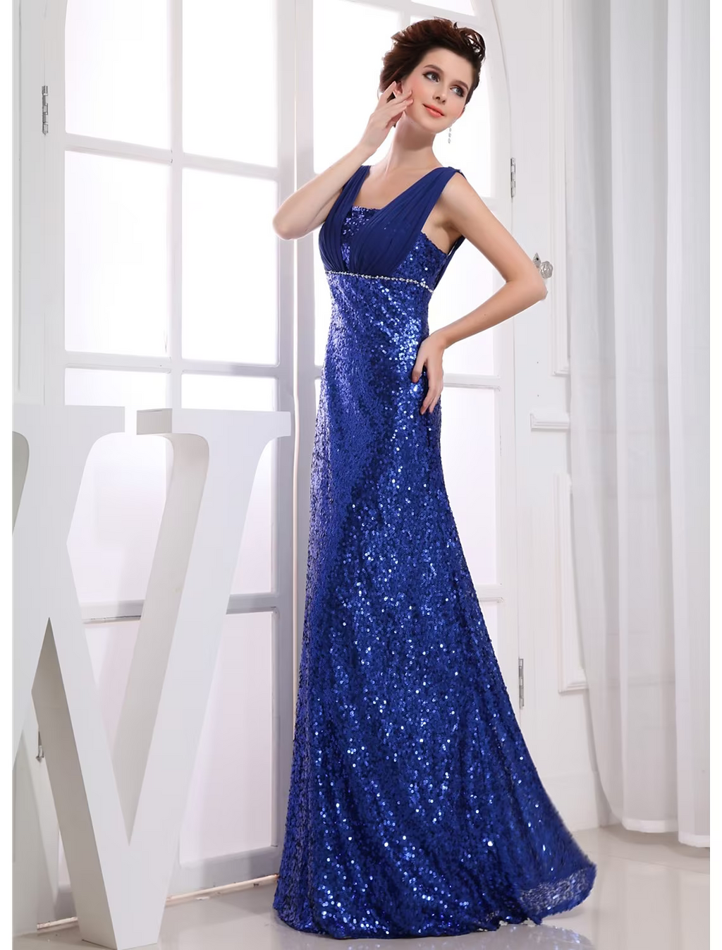 Sparkle Wedding Guest Engagement Formal Evening Dress V Neck Sleeveless Floor Length with Beading