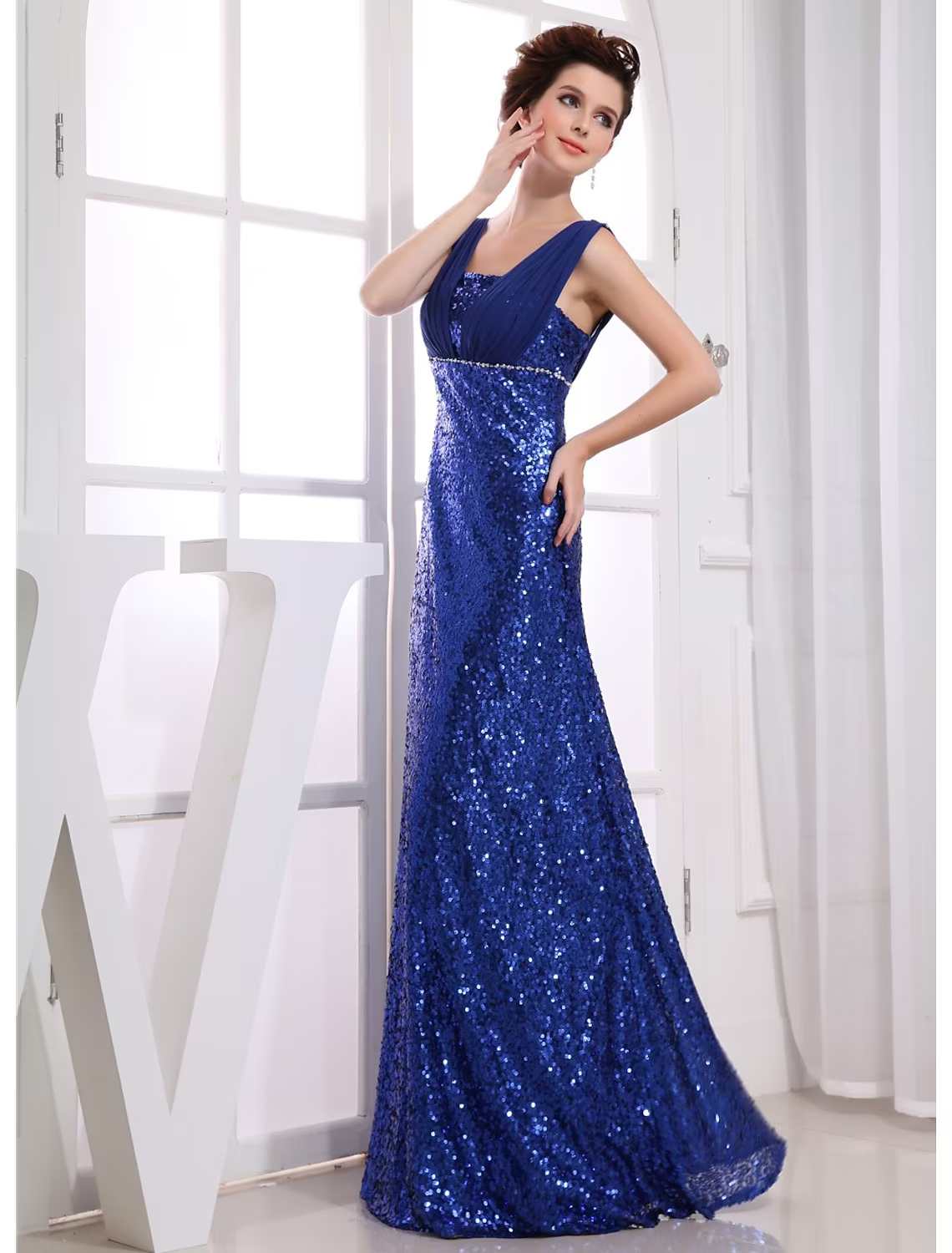 Sparkle Wedding Guest Engagement Formal Evening Dress V Neck Sleeveless Floor Length with Beading