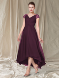 Mother of the Bride Dress Elegant High Low V Neck Asymmetrical Ankle Length Cap Sleeve with Pleats Beading