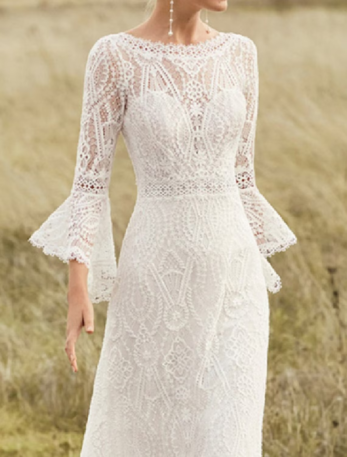 Beach Wedding Dresses Chapel Train A-Line Long Sleeve Jewel Neck