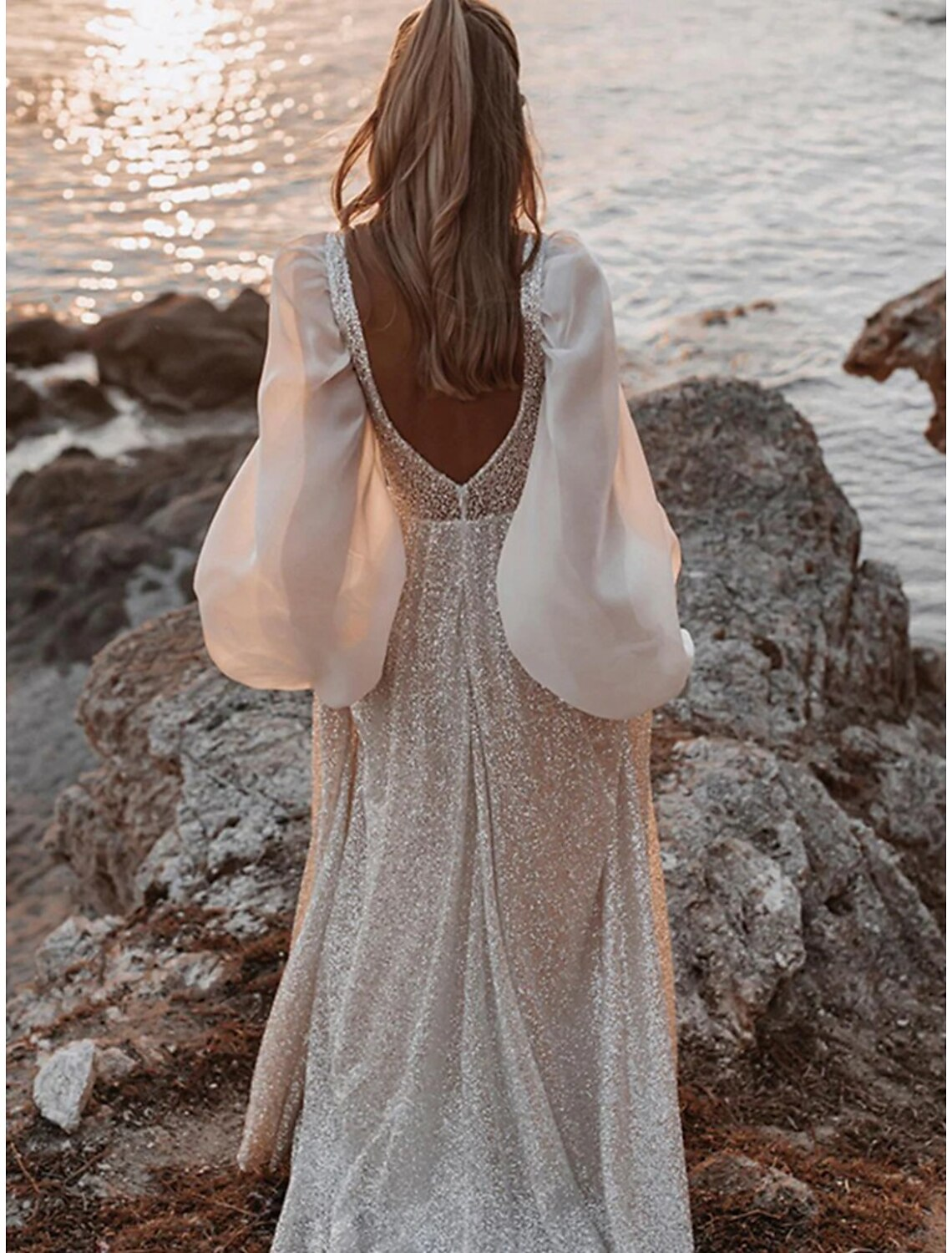 Beach Open Back Boho Wedding Dresses Long Sleeve V Neck With Pleats
