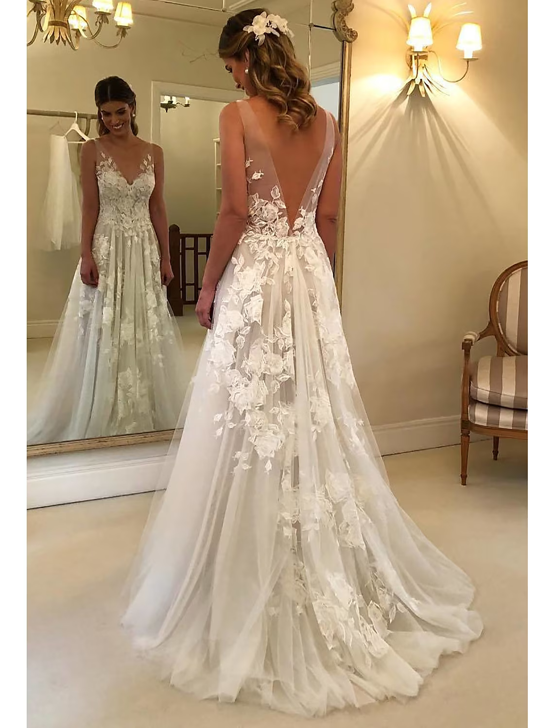 Beach Boho Wedding Dresses Court Train A-Line Sleeveless V Neck With Appliques