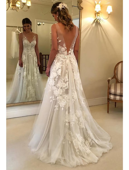 Elegant Red A-Line V-Neck Sleeveless Classic-Back Floor-Length Wedding Dress
