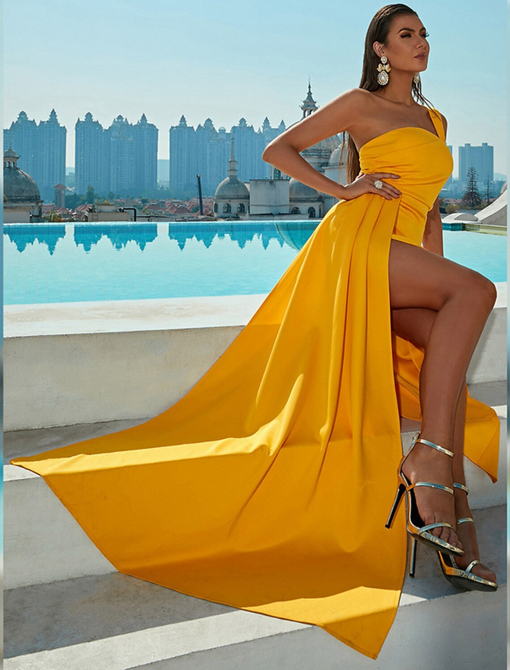 Evening Gown Sexy Dress Formal Sleeveless One Shoulder with Ruched Slit
