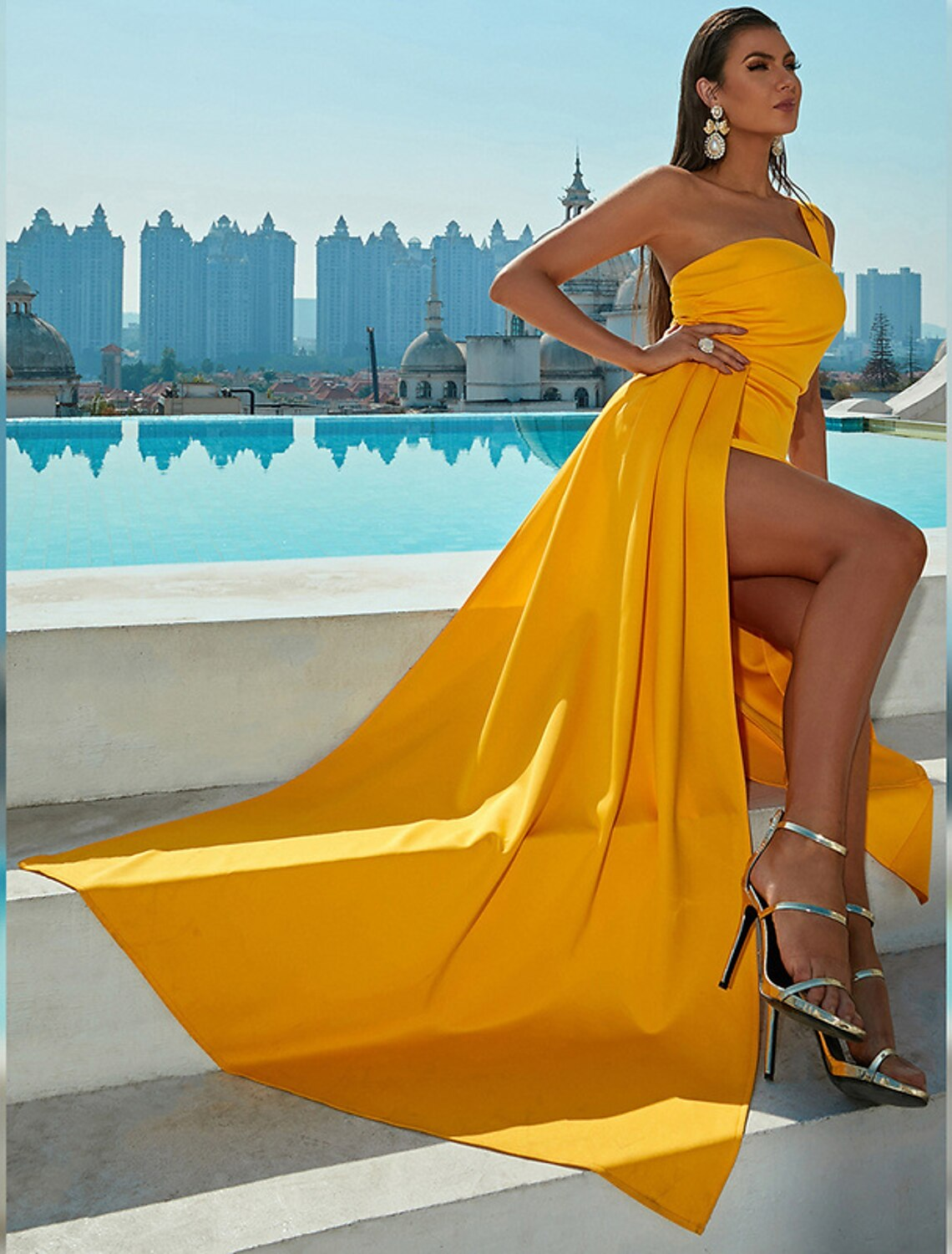 Evening Gown Sexy Dress Formal Sleeveless One Shoulder with Ruched Slit