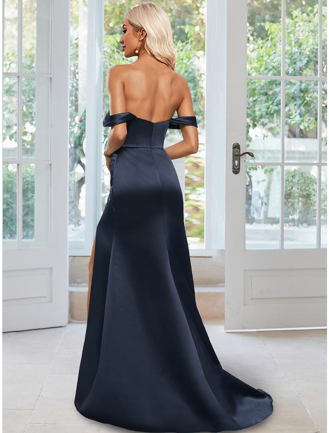 Open Back Dress Party Wear Sleeveless Off Shoulder Backless with Ruched Slit