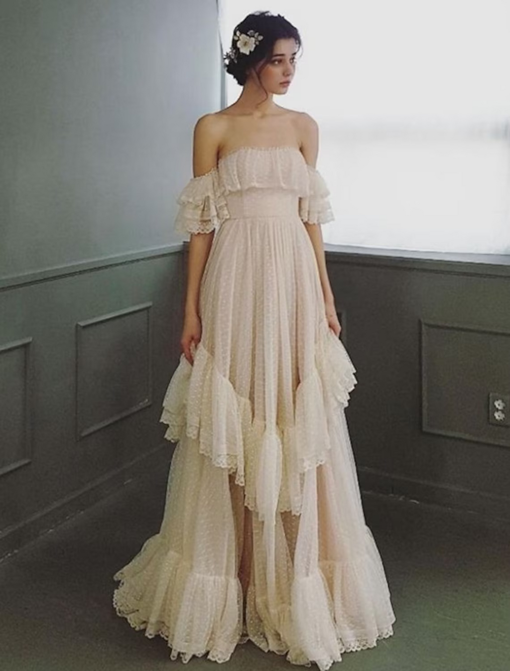 Beach Wedding Dresses A-Line Short Sleeve Off Shoulder With Ruffles