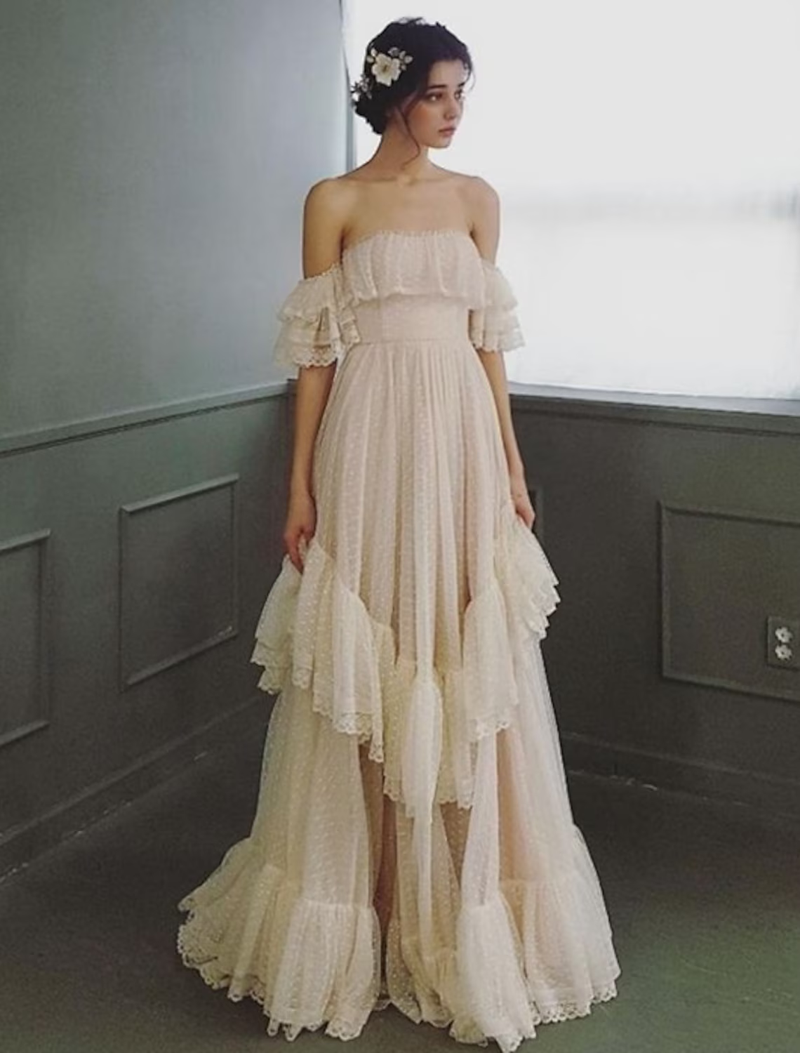Beach Wedding Dresses A-Line Short Sleeve Off Shoulder With Ruffles