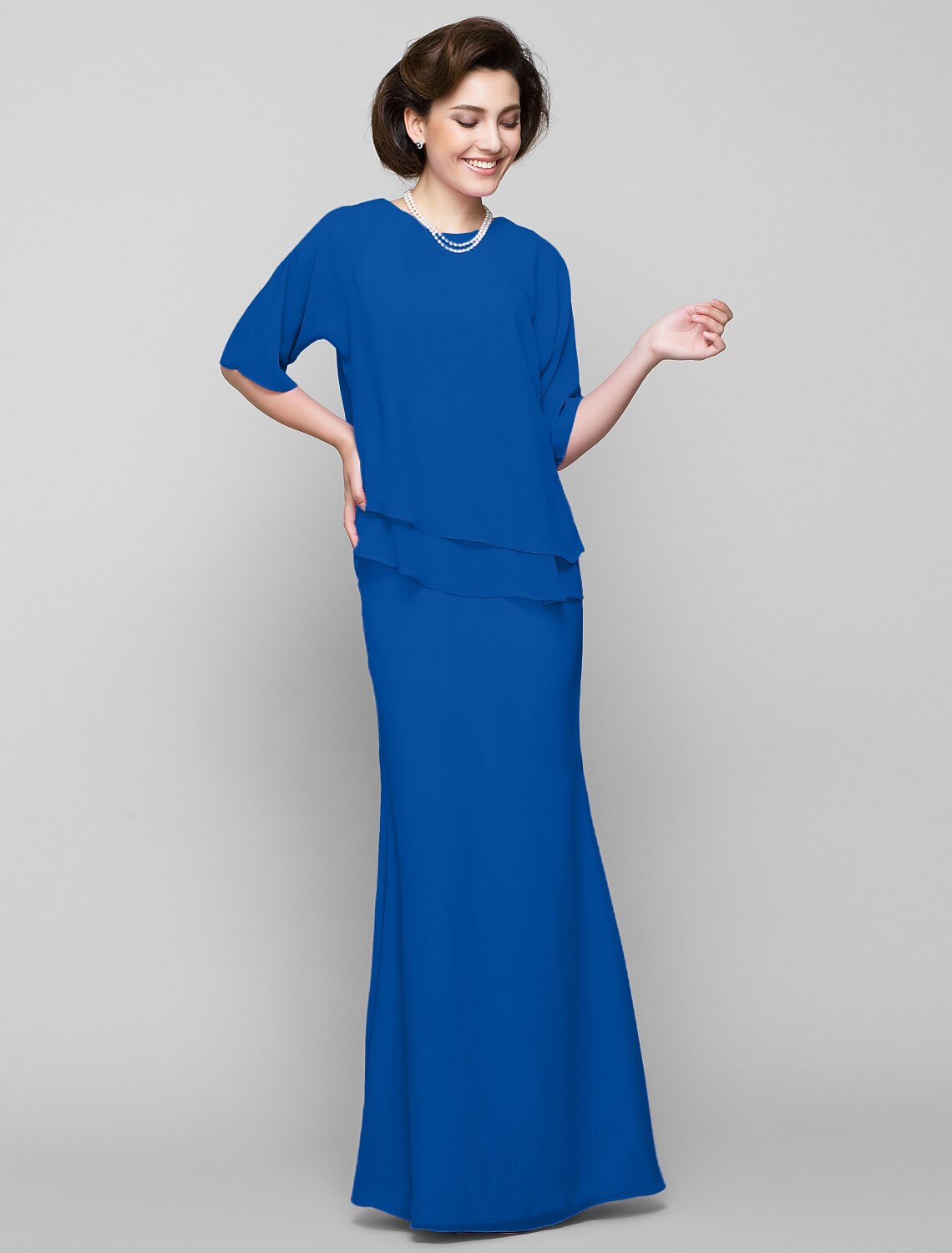 Mother of the Bride Dress Elegant Scoop Neck Floor Length Half Sleeve with Pleats