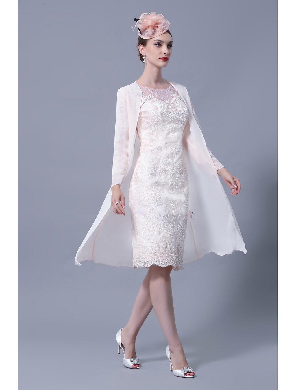 Two Piece Mother of the Bride Dress Church Elegant Jewel Neck Knee Length Sleeve with Embroidery