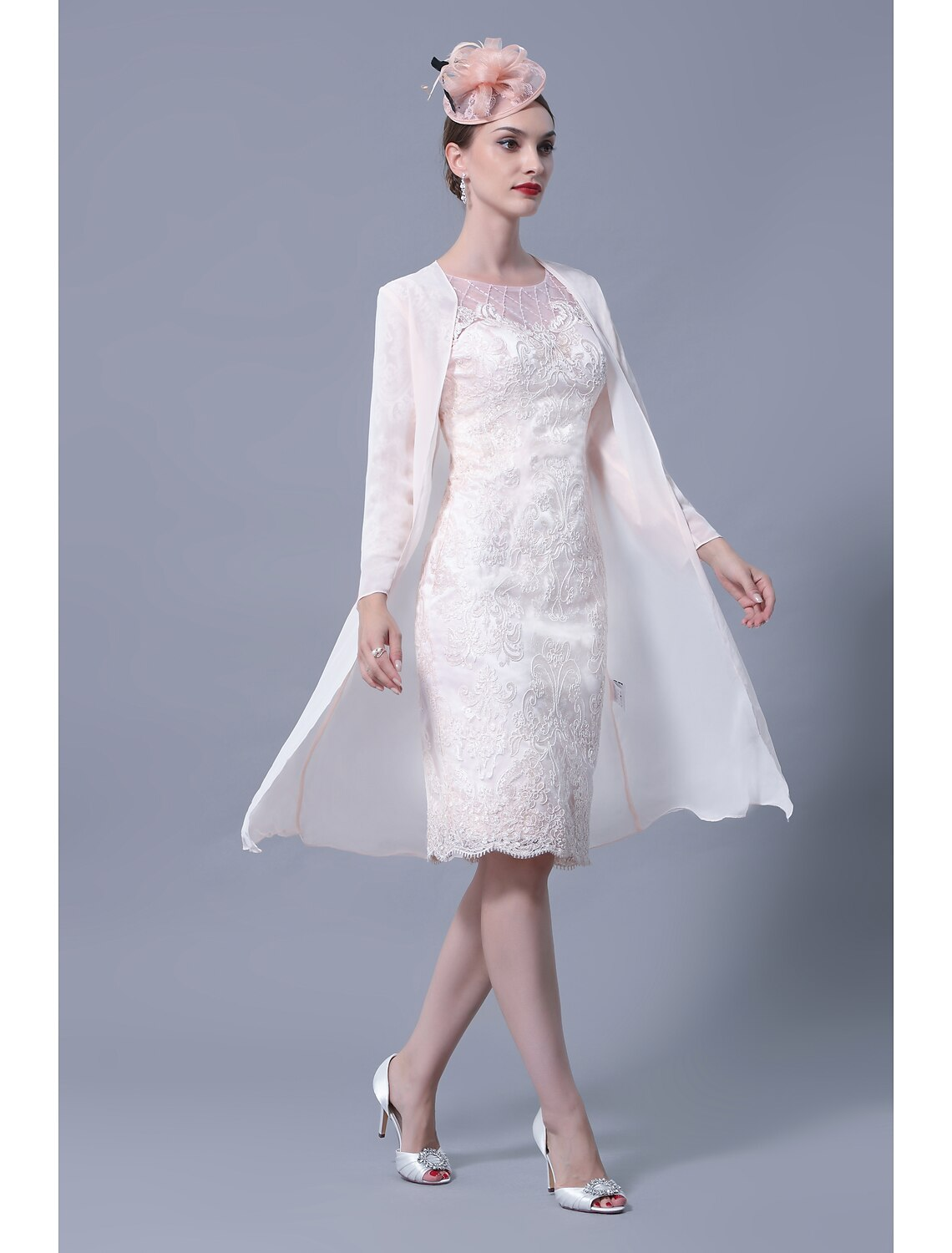 Two Piece Mother of the Bride Dress Church Elegant Jewel Neck Knee Length Sleeve with Embroidery