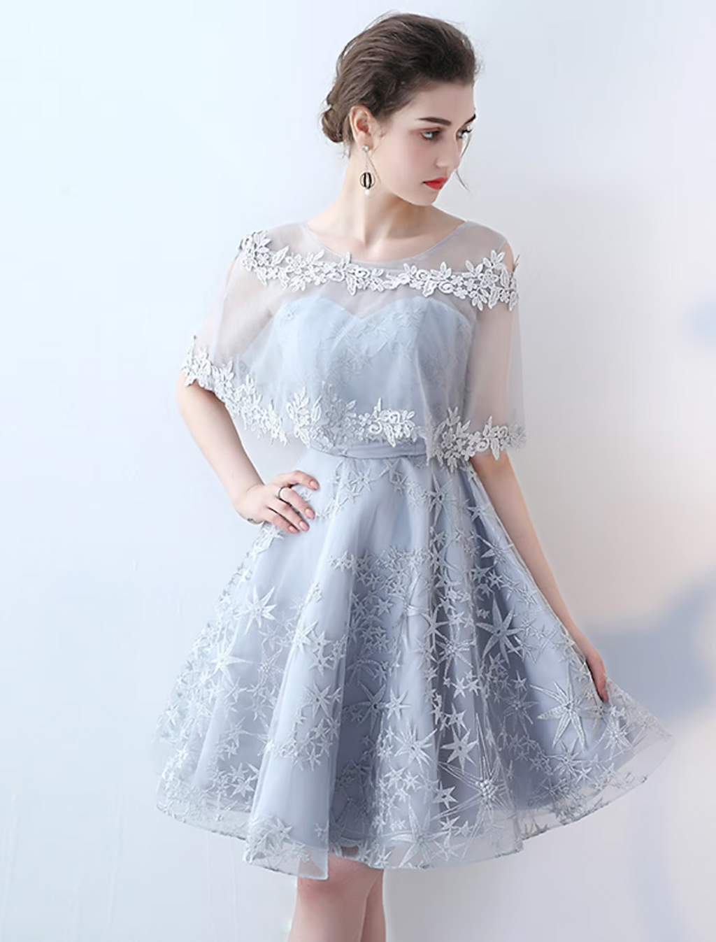 Party Wear Cocktail Party Dress Jewel Neck Half Sleeve Short Mini with Insert Pattern Print