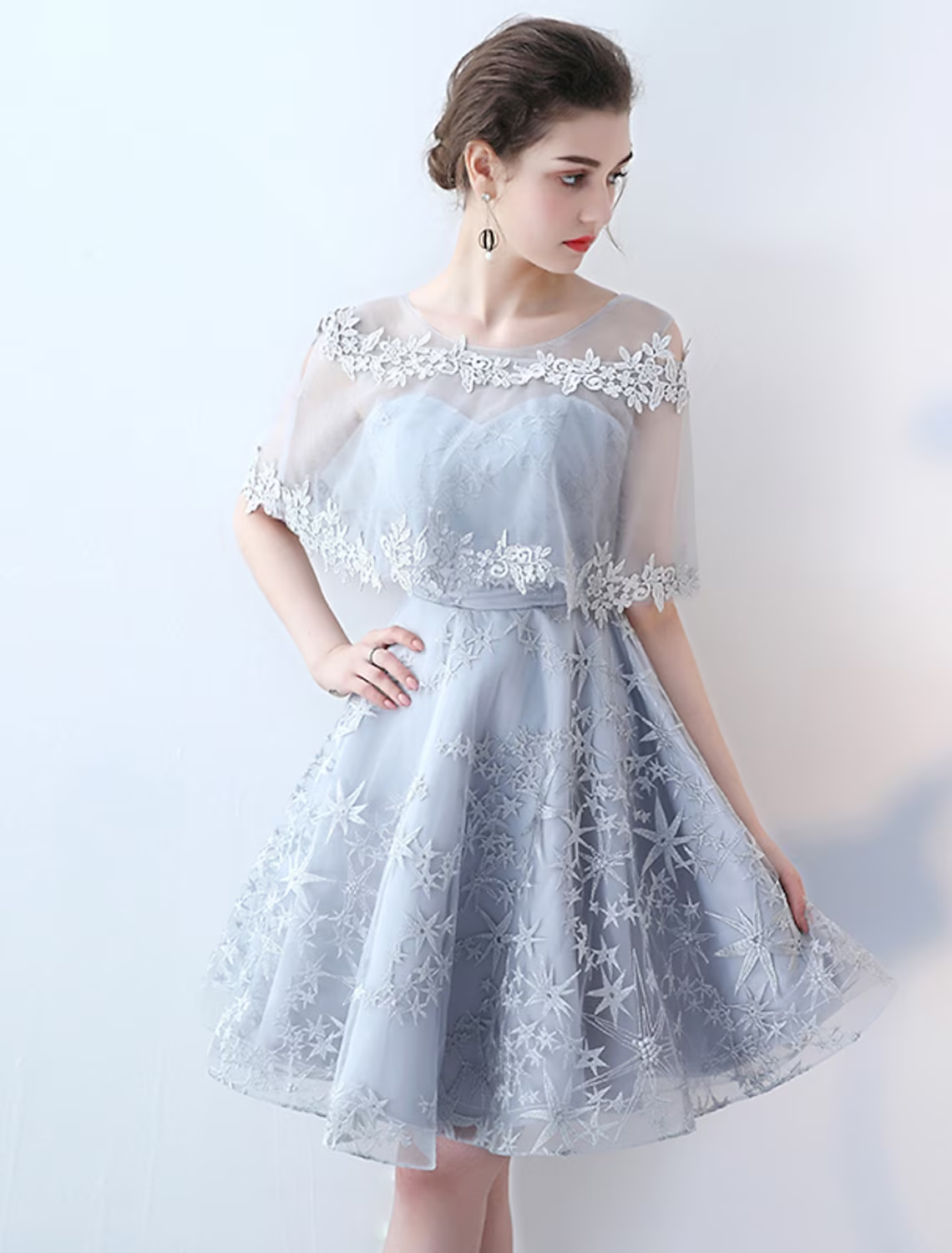 Party Wear Cocktail Party Dress Jewel Neck Half Sleeve Short Mini with Insert Pattern Print