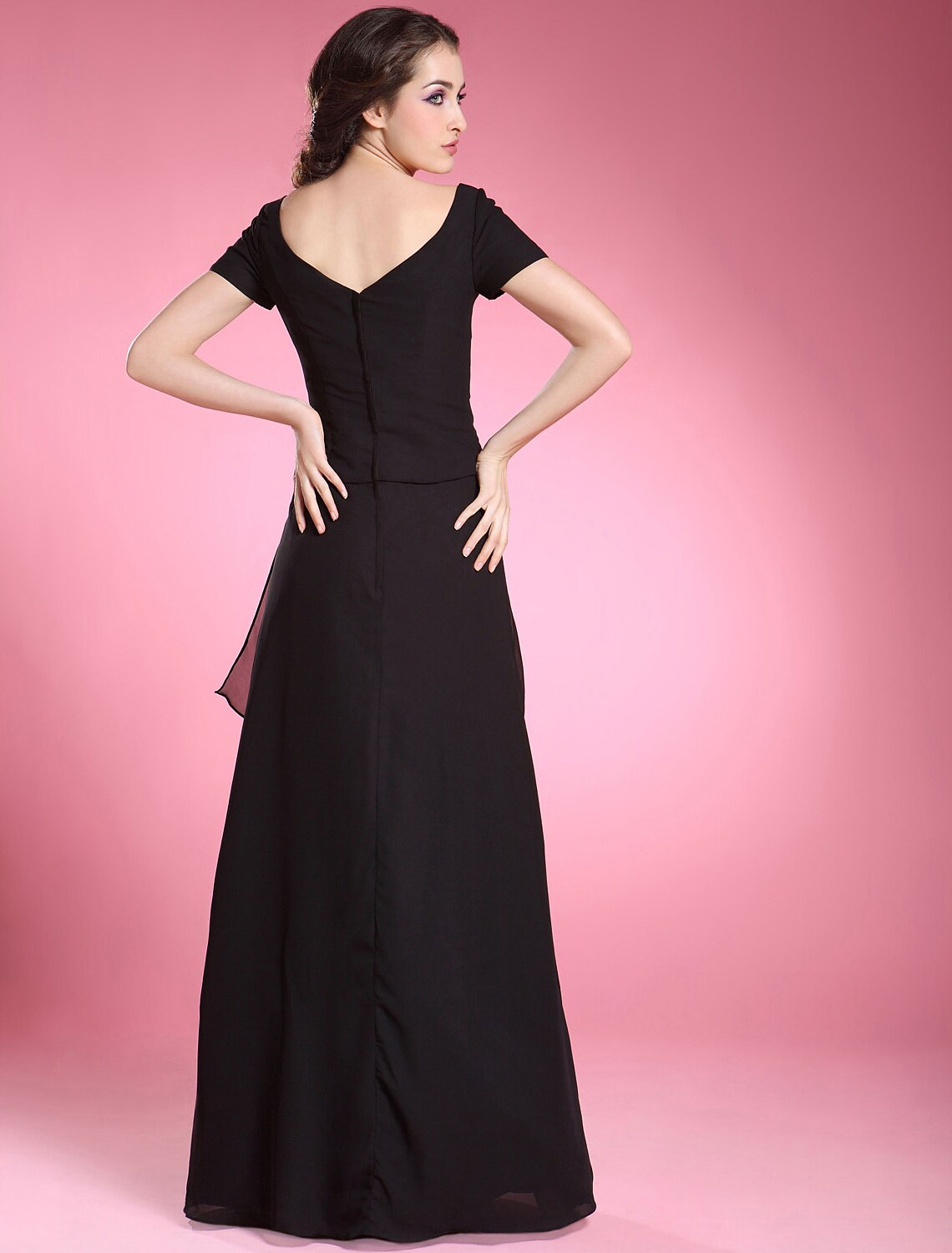 Formal Evening Floor Length Short Sleeve V Neck with Beading Ruffles