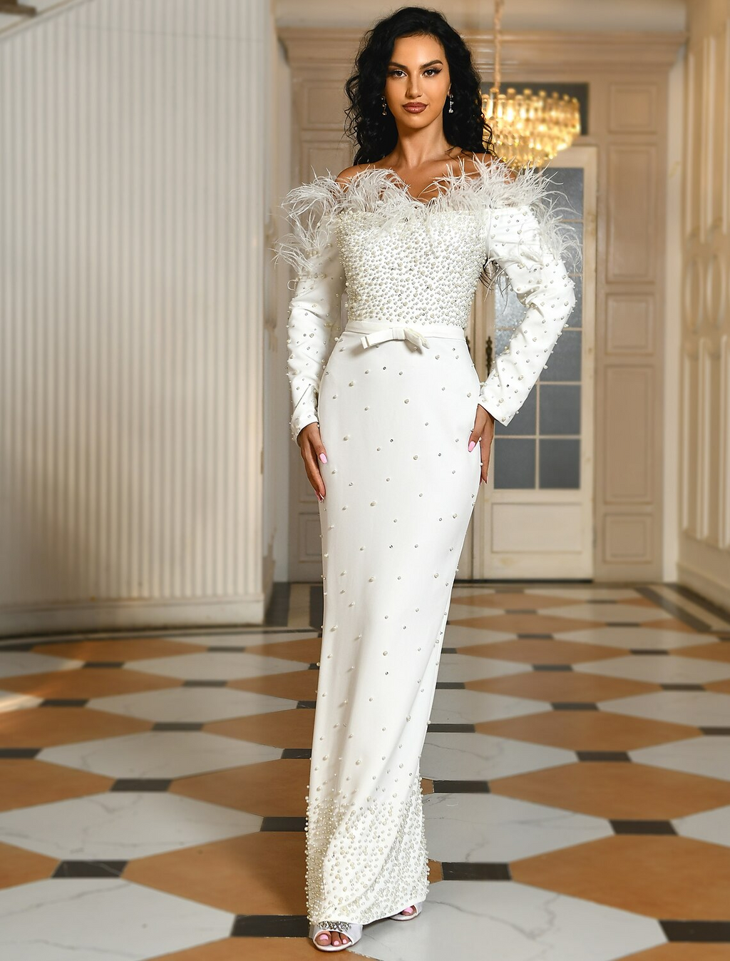 Engagement Formal Wedding Dresses Floor Length Long Sleeve Off Shoulder Fabric With Bow(s)