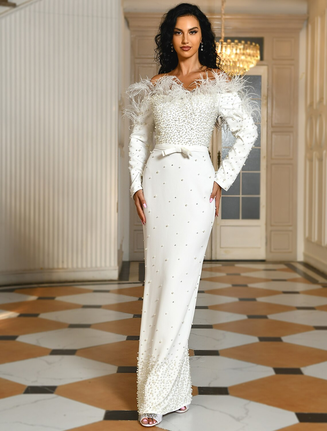 Engagement Formal Wedding Dresses Floor Length Long Sleeve Off Shoulder Fabric With Bow(s)