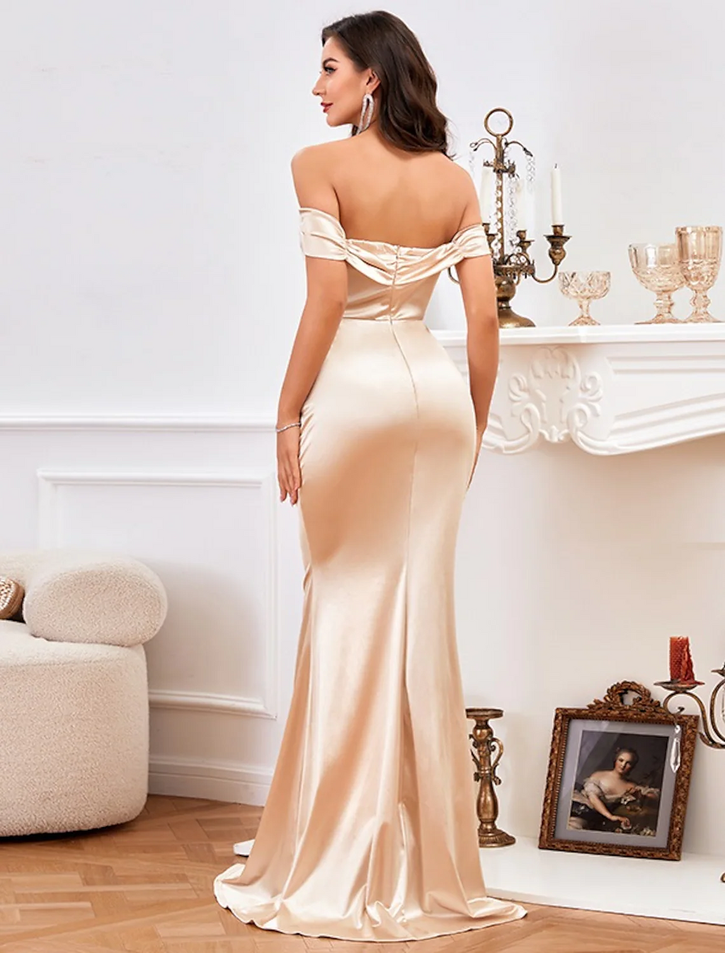 High Split Prom Formal Evening Dress Off Shoulder Sleeveless Floor Length with Ruched Slit