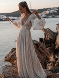 Beach Open Back Boho Wedding Dresses Long Sleeve V Neck With Pleats
