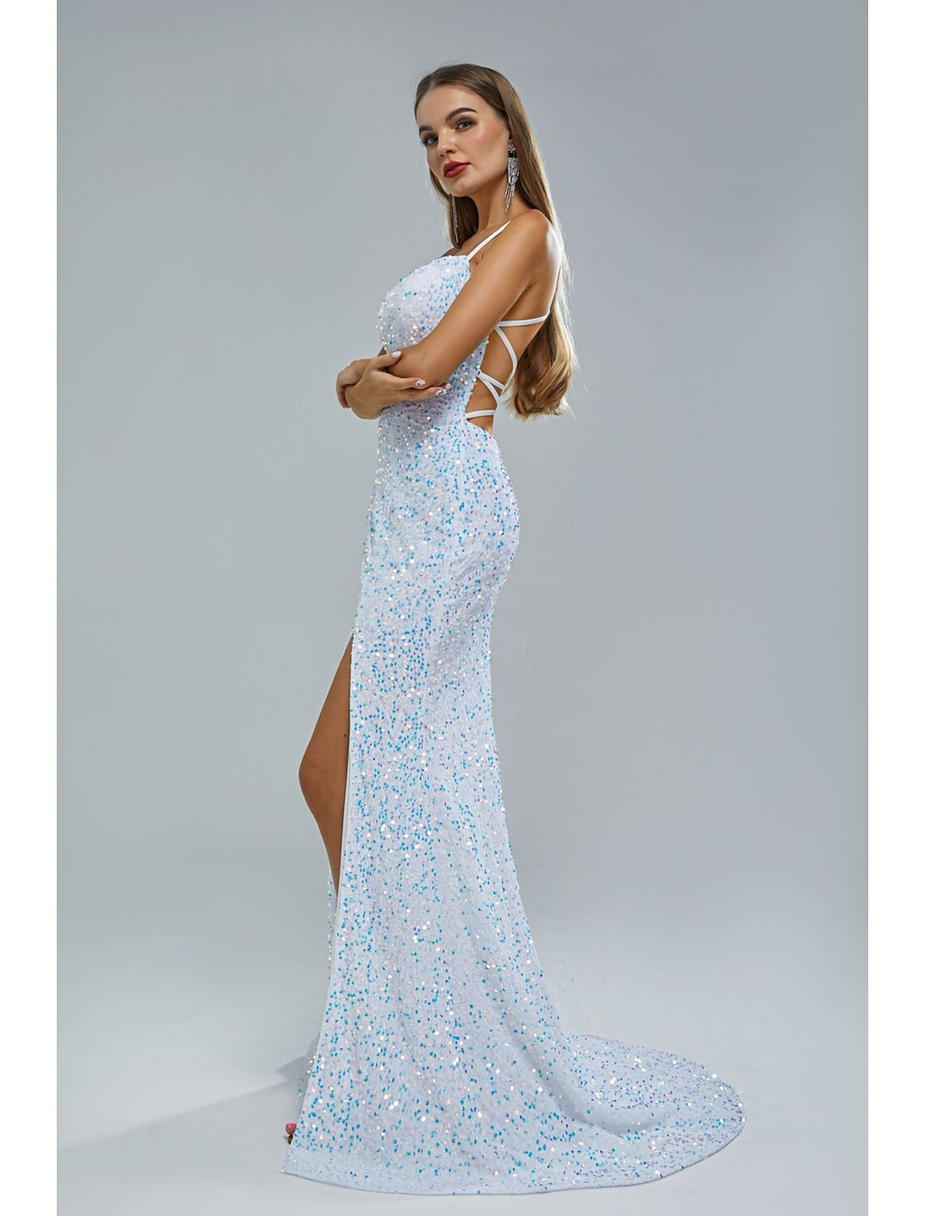 Evening Gown Elegant Dress Party Wear Train Sleeveless Strap Crisscross Back with Slit