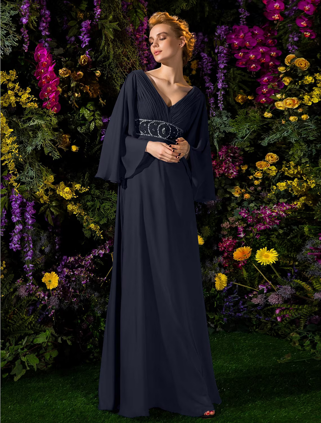 Mother of the Bride Dress Vintage Inspired V Neck Floor Length Long Sleeve with Crystals Beading Side Draping