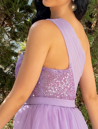 Elegant Red A-Line One-Shoulder Sleeveless Classic-Back Floor-Length Prom Dress