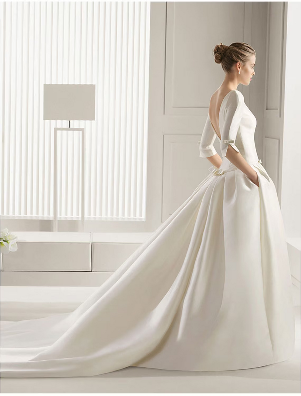 Engagement Formal Wedding Dresses Court Train A-Line Half Sleeve Neck With Bow(s) Pleats