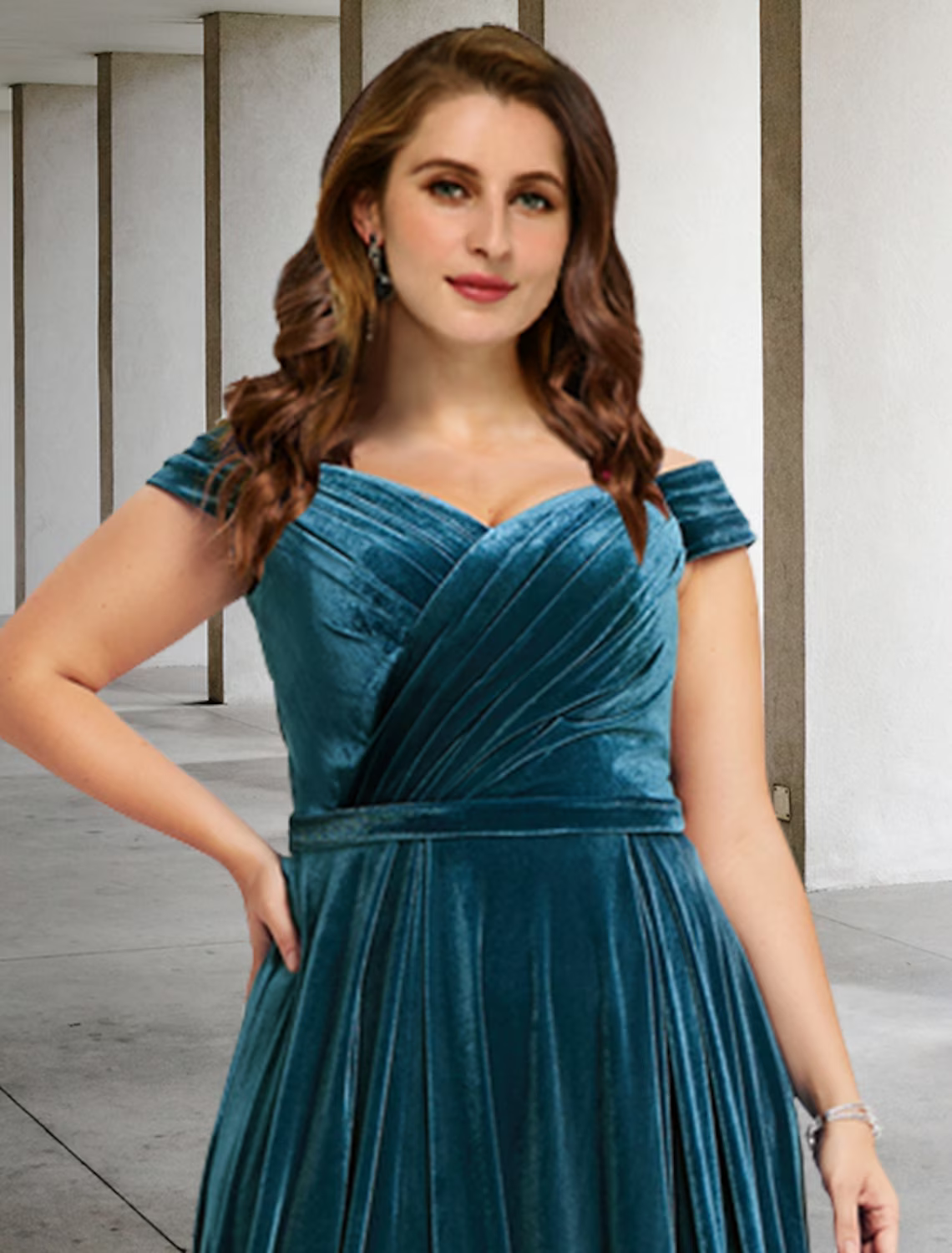 Plus Size Curve Mother of the Bride Dresses Vintage Dress Formal Floor Length Short Sleeve Off Shoulder with Pleats Slit