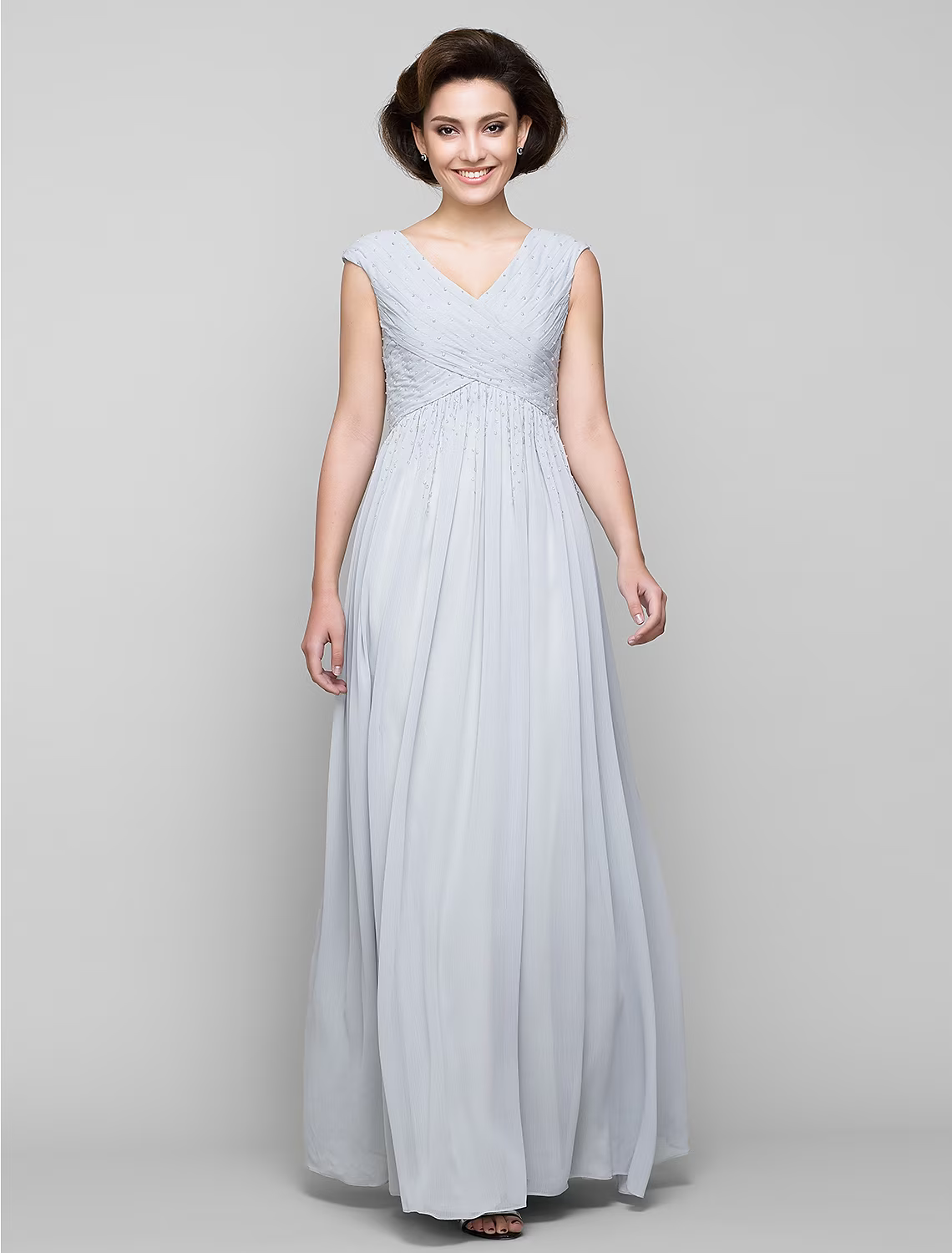 Mother of the Bride Dress Elegant V Neck Floor Length Sleeveless with Cross Beading