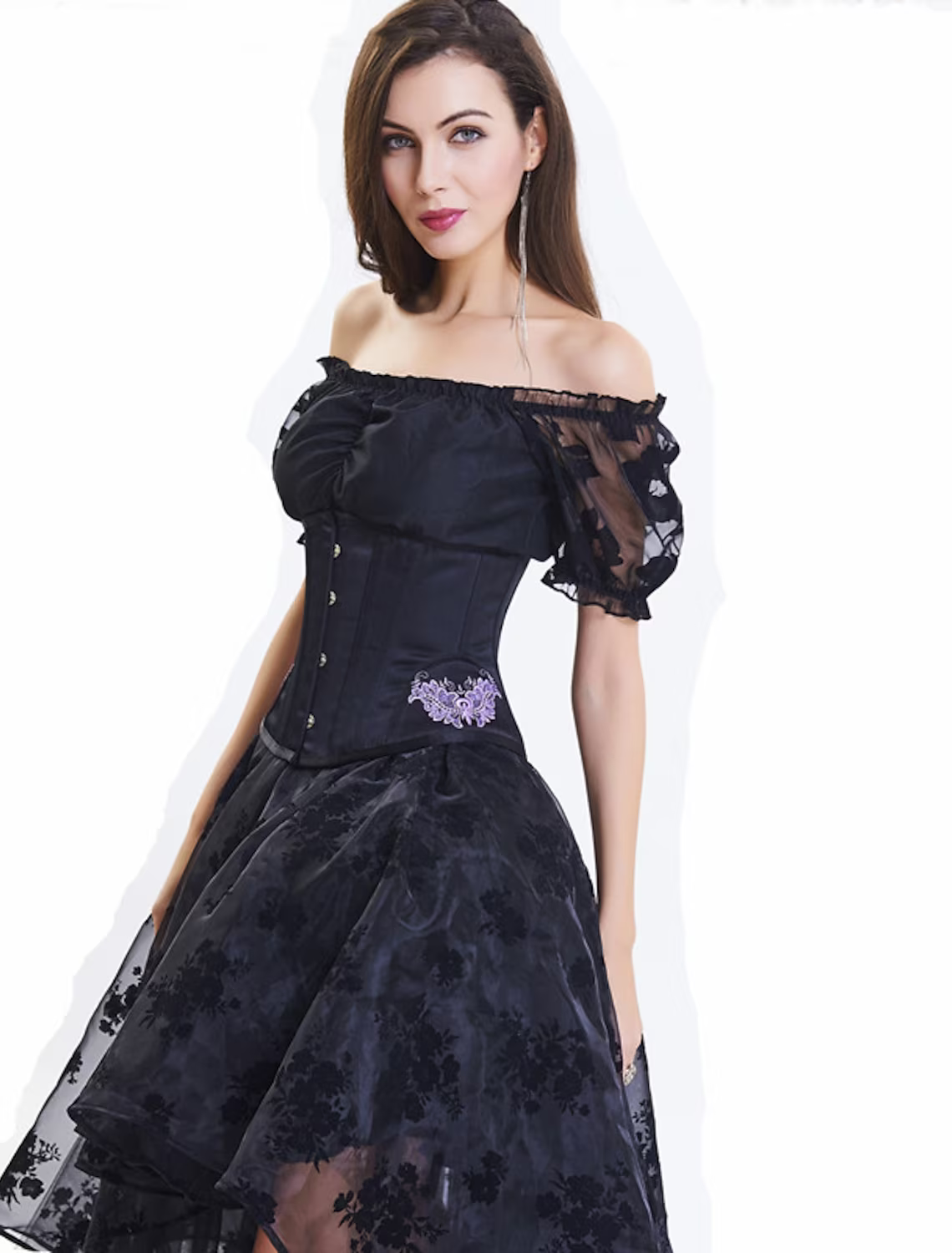 Vintage Dress Asymmetrical Short Sleeve Off Shoulder with Embroidery Appliques