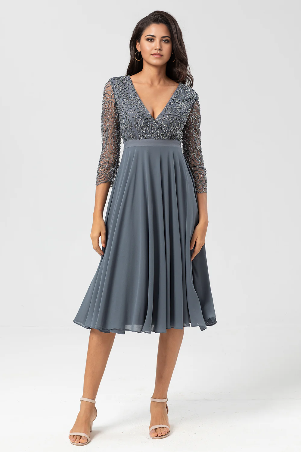Wholesale Elegant A Line V-Neck Beaded Long Sleeves Embroidered Mother of the Bride Dresses
