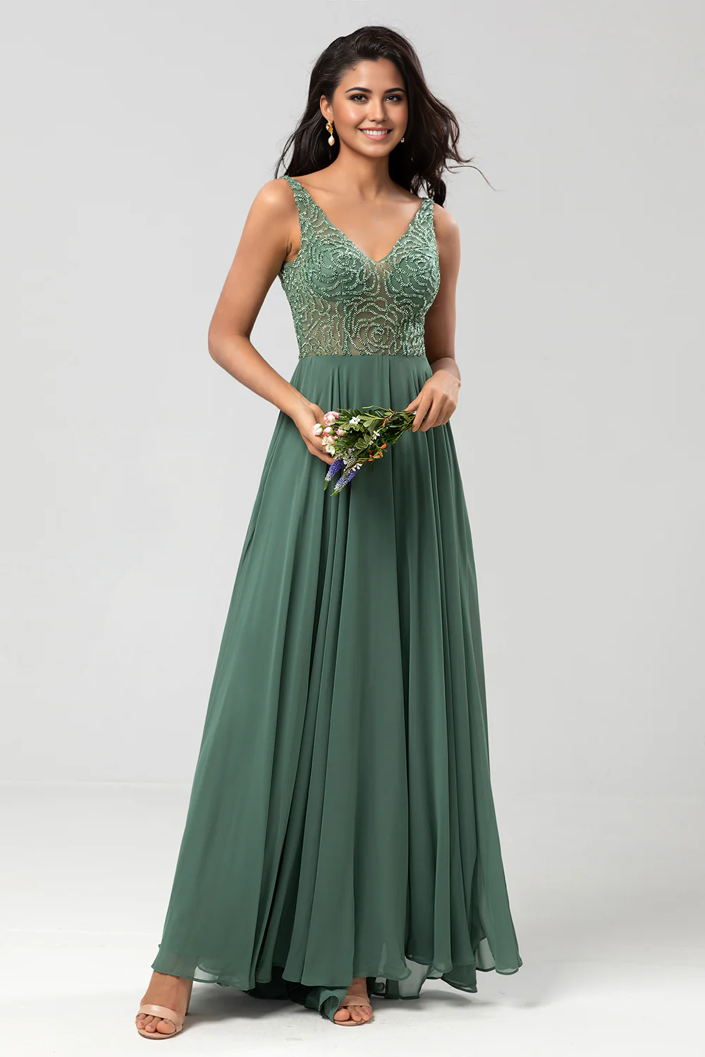 V Neck Beaded Long Twilight Elegant Prom Dresses
