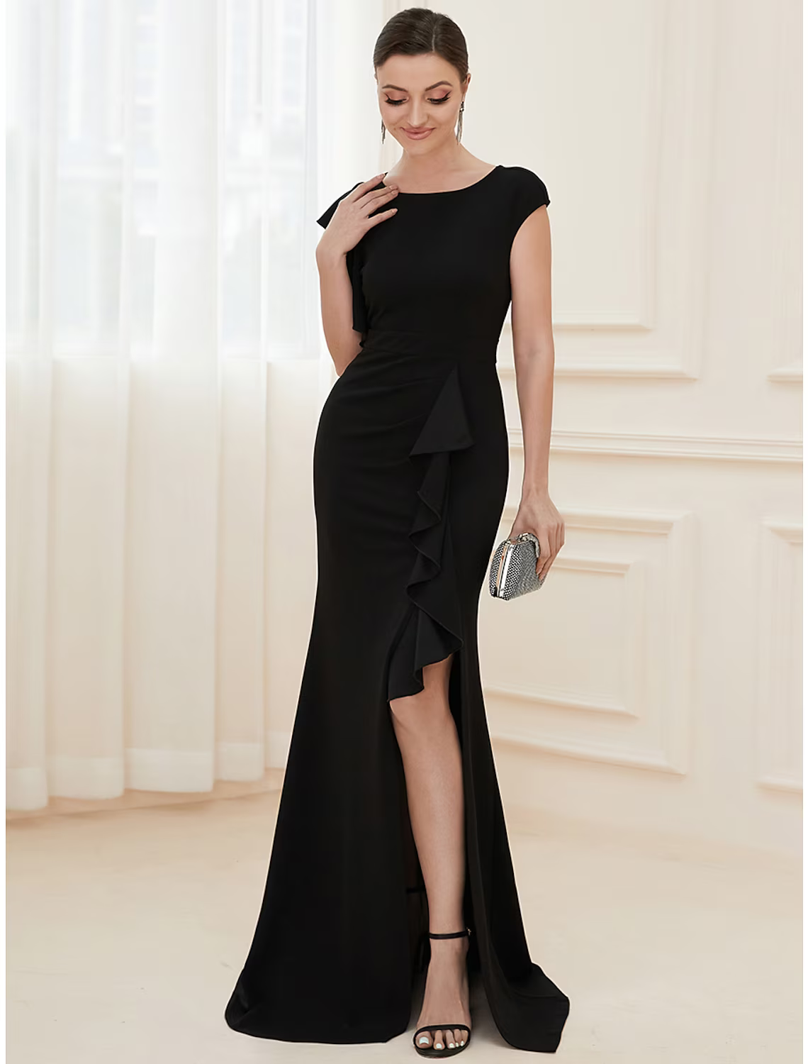 Vintage Red A-Line Classic-Neck Short-Sleeve Classic-Back Floor-Length Evening Dress