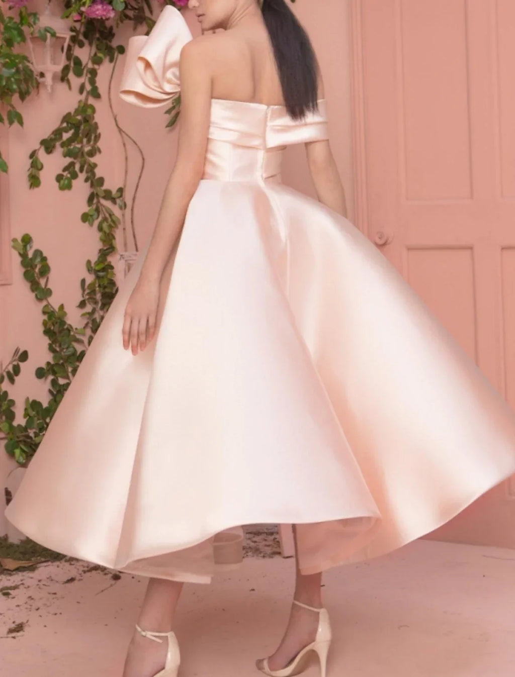 Minimalist Elegant Engagement Prom Valentine's Day Dress Off Shoulder Short Sleeve Ankle Length with Sleek