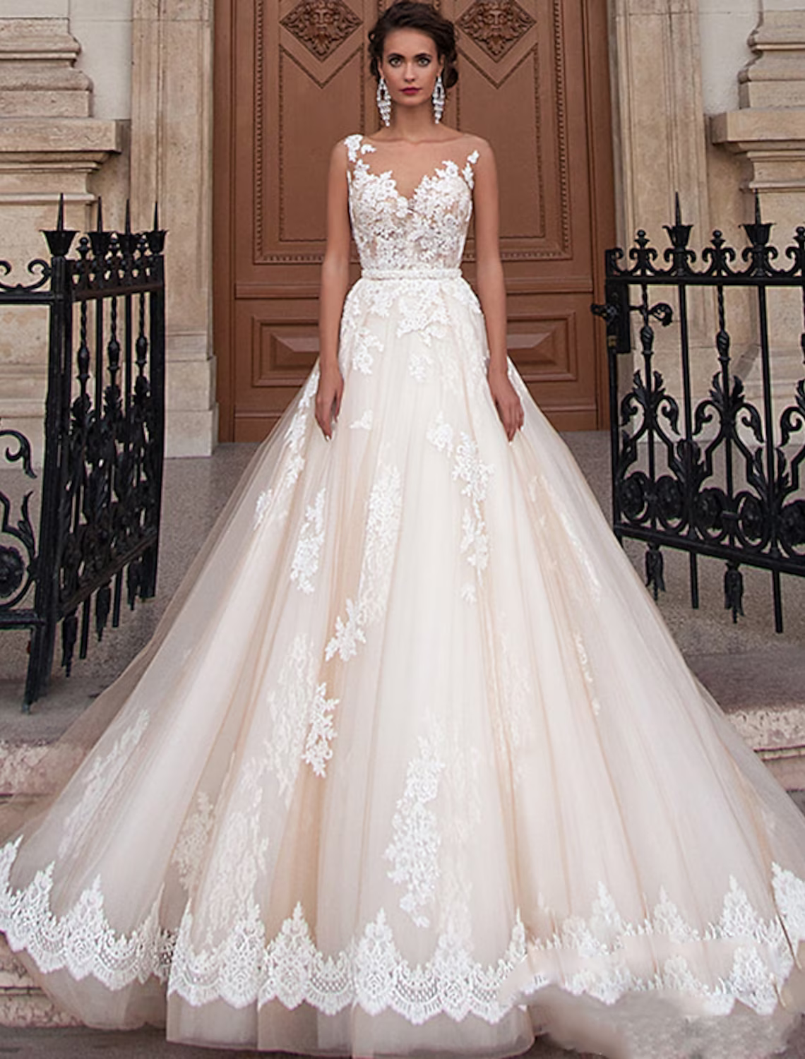 Engagement Open Back Formal Wedding Dresses Court Train A-Line Regular Straps Jewel Neck With Appliques